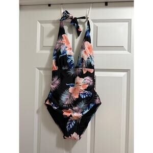 DKNY Floral One Piece Tummy Control Halter Swimsuit Size LARGE NWT MSRP $118